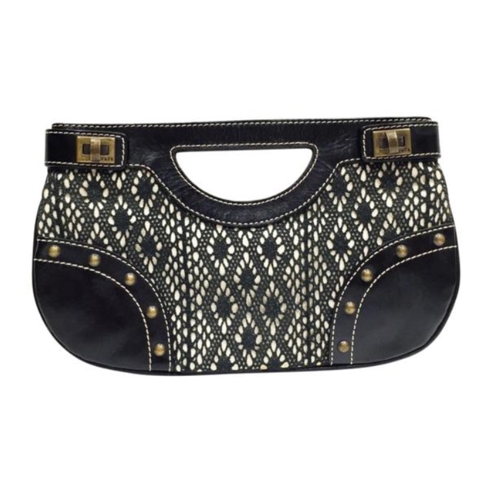 Rafe black leather linen and lace clutch